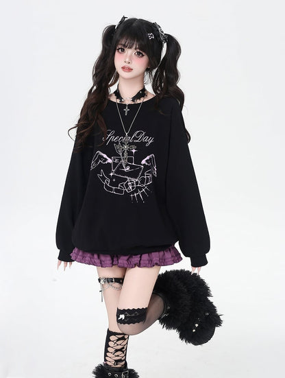 Round Neck Graphic Sweatshirt Self-tie Bowknot at Back Pink/Black