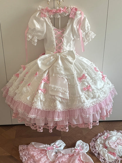 Kleid hoch, süß, rosa, mit weißen Taillenärmeln, abnehmbarer Lolita-Schleife, Prinzessinnen-Akzente