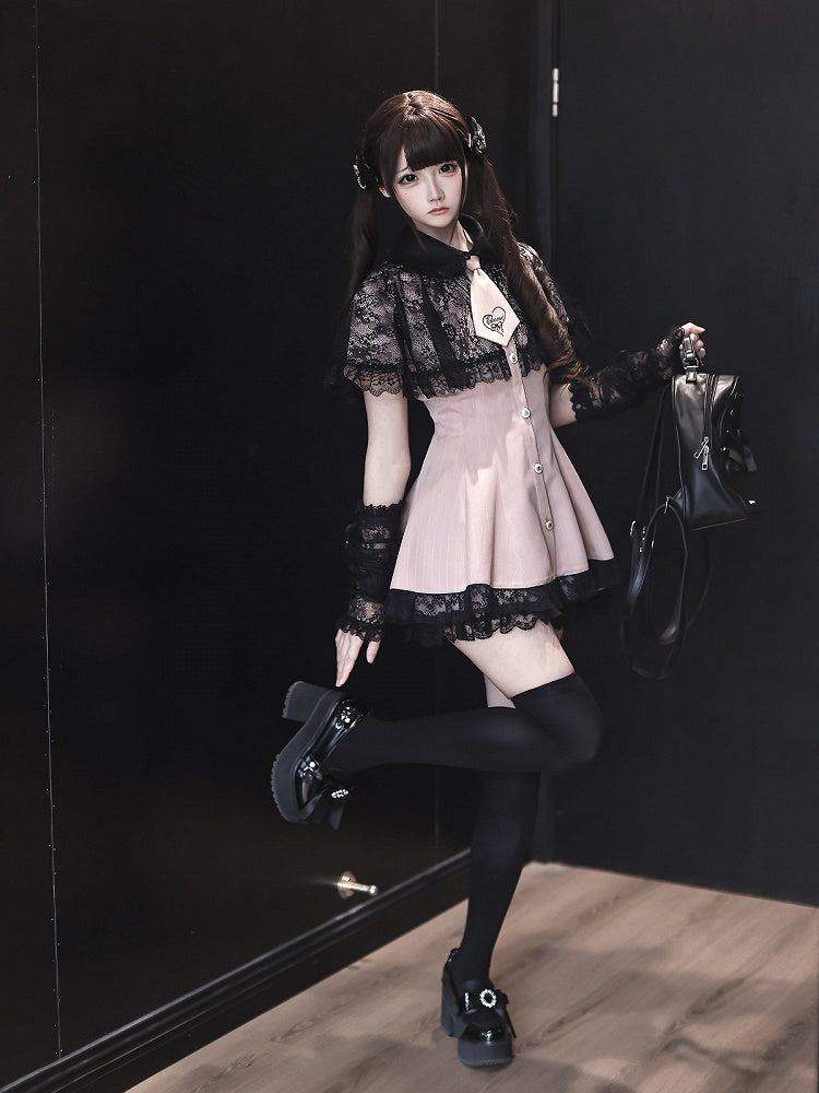 Stripe Dress Set with Lace Cape and Tie - Ekomi