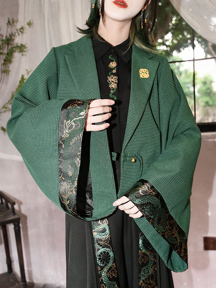 Sleeves Snake Crop with Brocade Han Cheongsam Gothic Green Wide Blazer