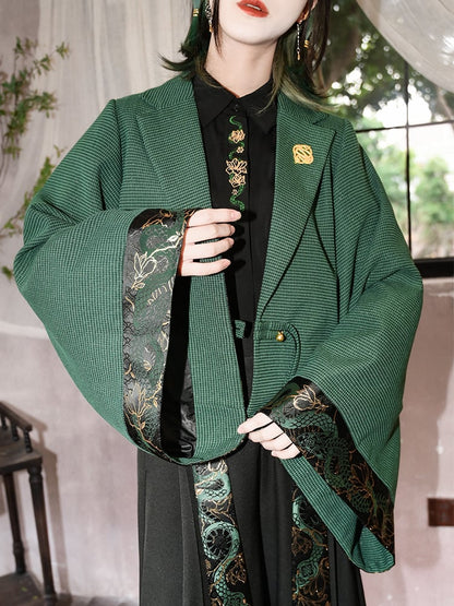 Sleeves Snake Crop with Brocade Han Cheongsam Gothic Green Wide Blazer