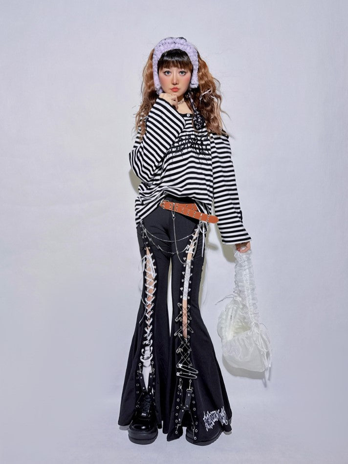 Design with Black and Flared Detailing Lace-Up Pants Pin Safety Symmetrical Slit