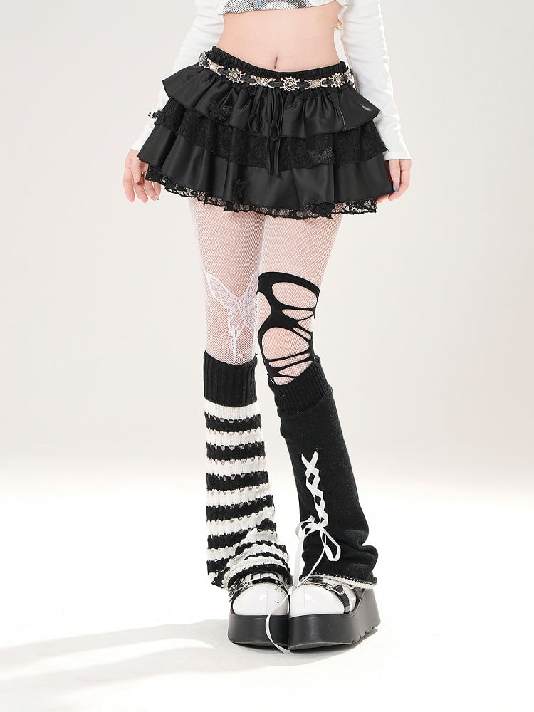 White/Black Trim Elastic Waist Butterfly Appliques Lace