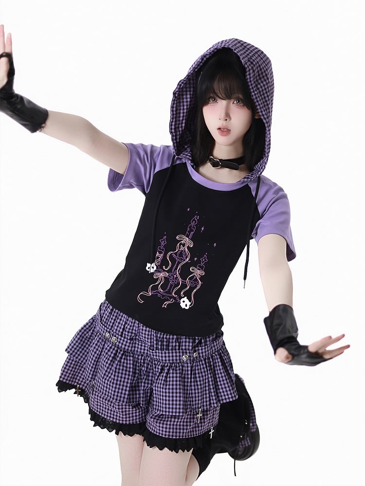 Plaid Hood Graphic T-Shirt Black  Purple Colorblock Design