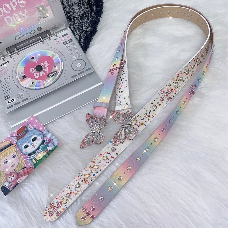 Belt Rhinestone White/Colorful Design Butterfly Decorated Waist