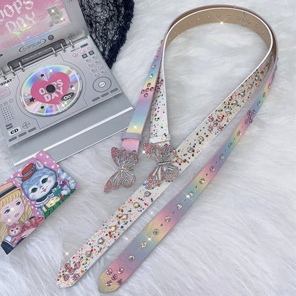 Belt Rhinestone White/Colorful Design Butterfly Decorated Waist
