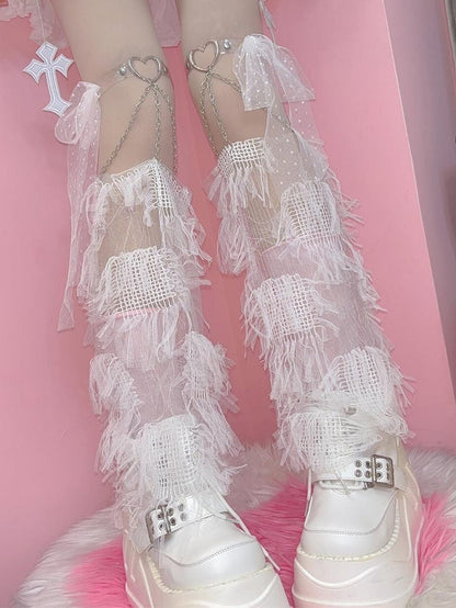 Strumpfband zum Selbstbinden, Herzärmel, Y2K, mit weiß/schwarzen Quasten, Bein verziert