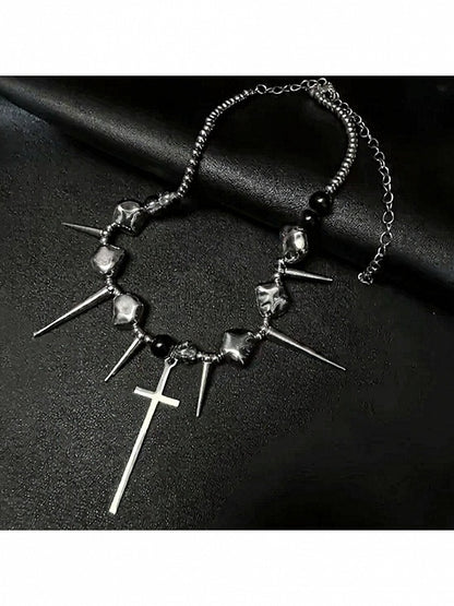 Silver Punk Necklace with Cross Pendant - YSHXS