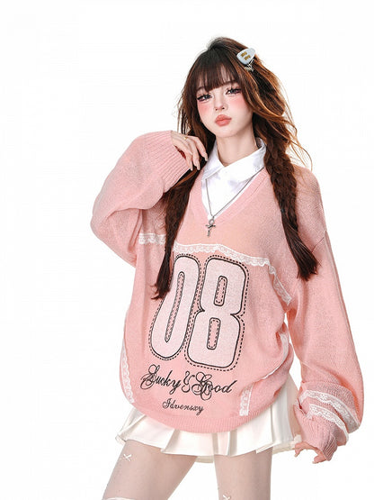 Blue/Pink Semi-sheer Lace Appliques Preppy Style Sun Protection Top Faux