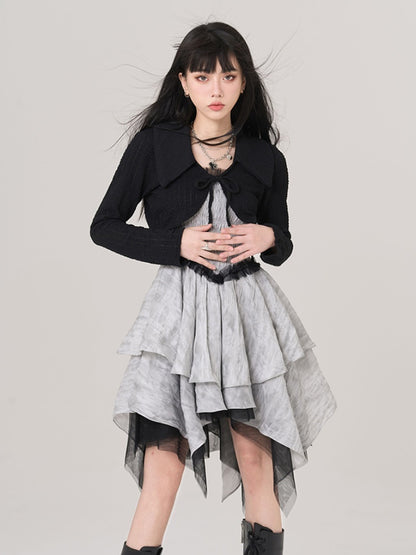 Gray Handkerchief Hem Ruffled Lace Trim Vintage Cami Dress