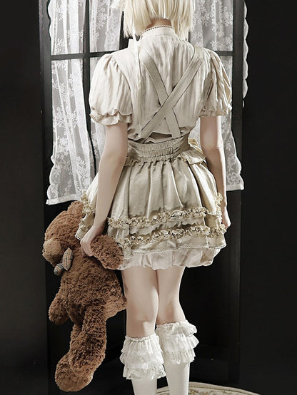 Bow and Ruffle Detail Bubble Skirt with Cross Straps in Beige - Unknown Star