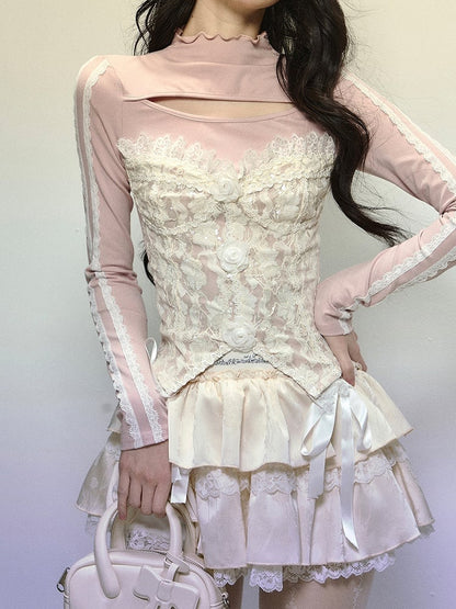 Rosa Patchwork-Top aus Spitze mit floralen Verzierungen und Cutout-Detail