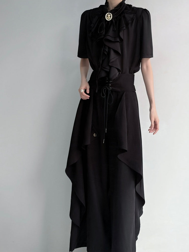 Ouji Black Short Sleeve Blouse Layered Ruffle - ROAE