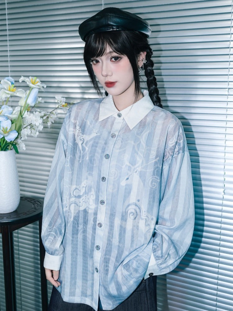 Blue Loose Sun Protection Chiffon Long Sleeve Shirt with Deer Print - Quirky Hut