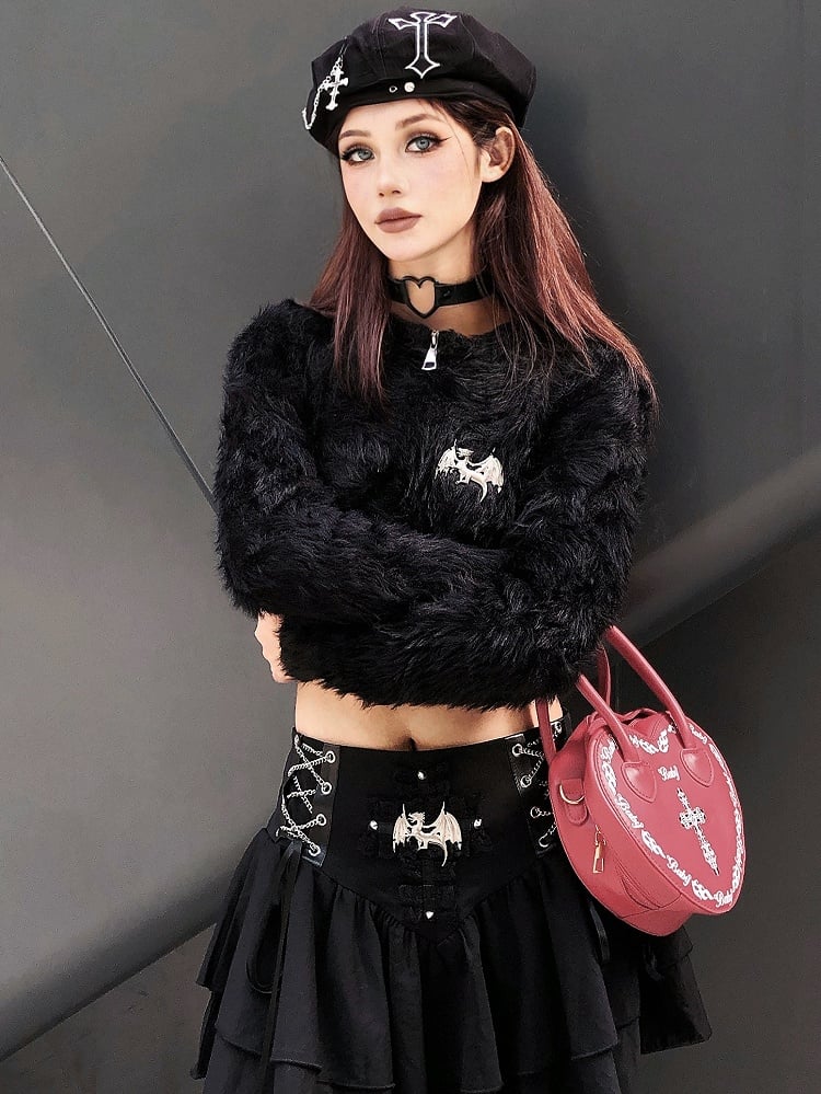 パンクなブラッククロスアップリケクロスチェーンディテールベレー帽