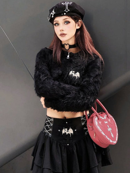 パンクなブラッククロスアップリケクロスチェーンディテールベレー帽