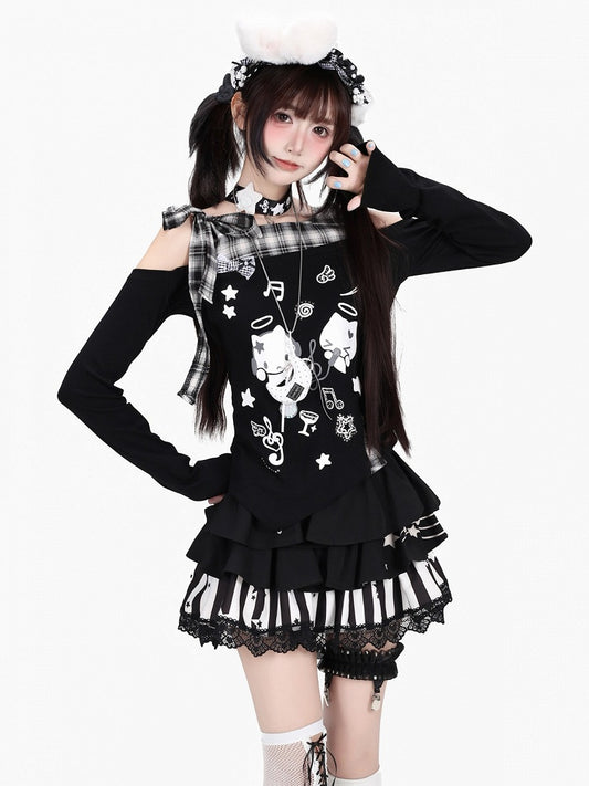 Jet Asymmetric Tartan Cutout Top with Celestial Kitten Print - CRAZY GIRL