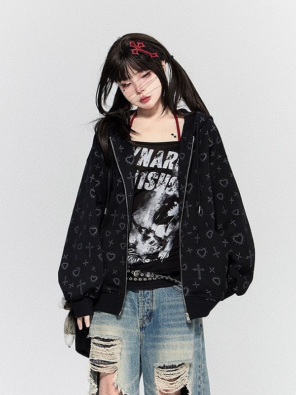 Ear Bear Schwarzes Kreuz mit Kapuzendruck, lila Gothic-Jacke mit Kapuze