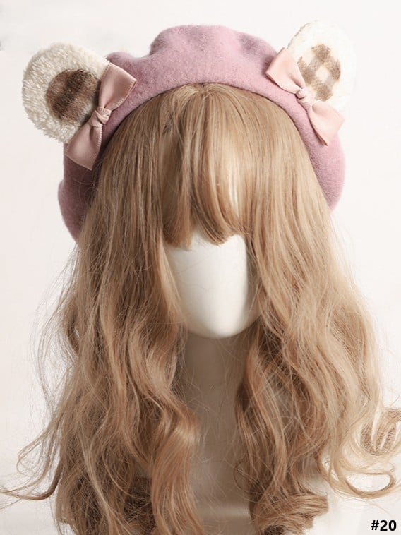 20 Color Options Sweet Lolita Plush Bear Ear Bowknot Beret