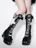 Boots Bone Punk Platform Knee-high with Details Black