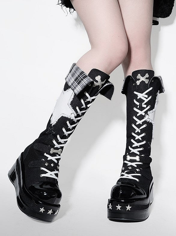 Boots Bone Punk Platform Knee-high with Details Black