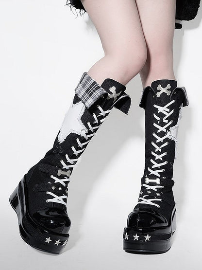 Boots Bone Punk Platform Knee-high with Details Black