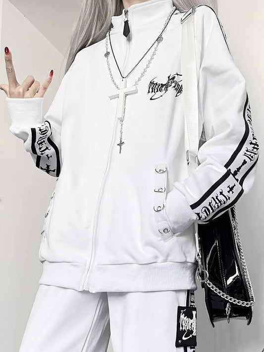 Jacket Print Letter Sweatshirt Gothic White Cross And