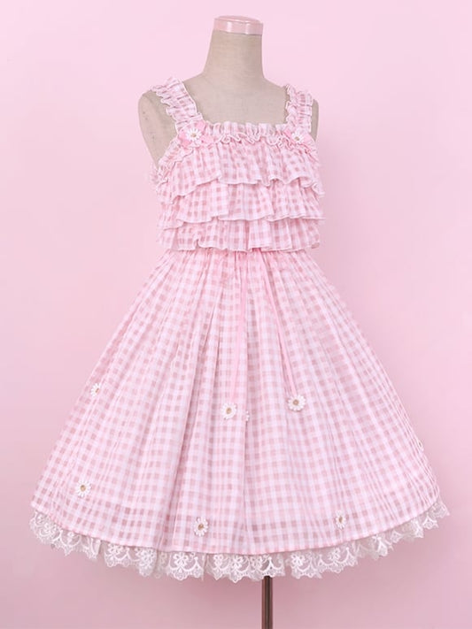 Pink Cottagecore Gingham Sundress Daisy Lace Trim Plaid Lolita Jumper Skirt