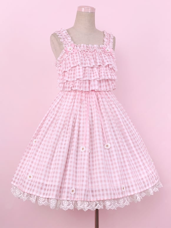 Robe d'été vichy rose Cottagecore avec bordure en dentelle marguerite et jupe pull Lolita à carreaux