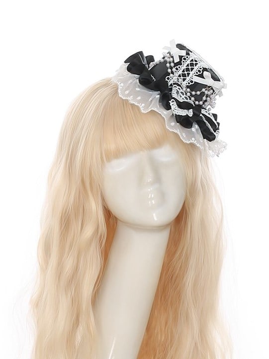 Lace-Trimmed Bead Lolita Details with BlackWhite Hat