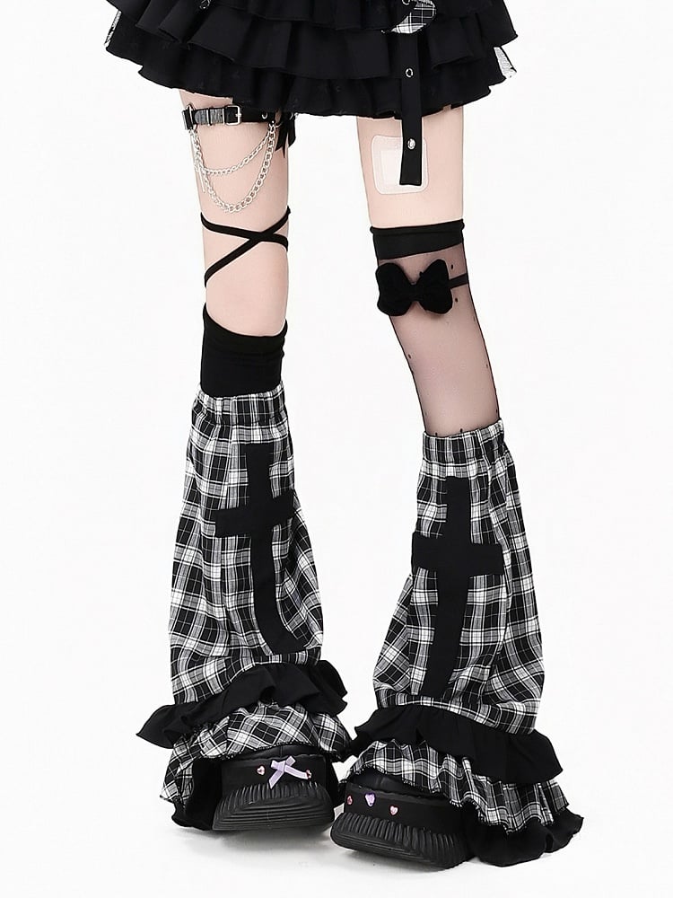 Black & White Plaid / Black Leg Warmers with Cross Patch Detail - CRAZY GIRL