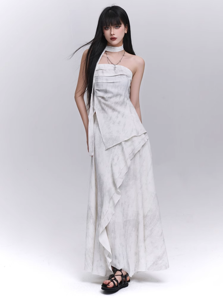 Off-white Side Strapless Top / Elastic Waist Scarf Slit with