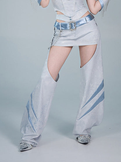 Blue Punk Style Satin Belt Skirt with Curved Leg Warmers Set - Virtual Orbit