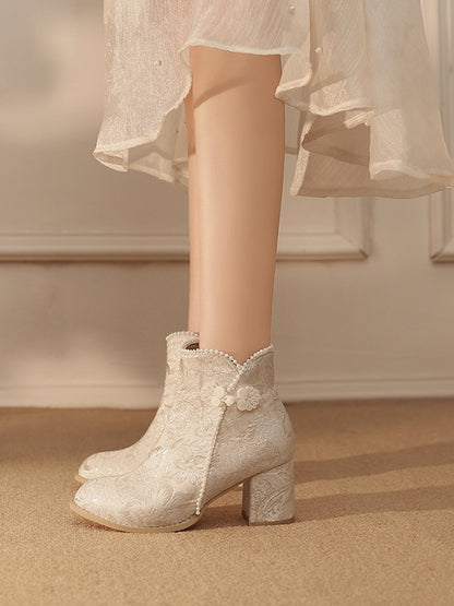 Qi Embellishments Regular/Thicken Version Boots Frog Lolita Accent Beige Button Satin Beads Floral -