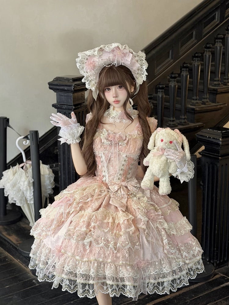 Pink Layered JSK Dress with Floral Bow Accents - Pear Island Sweet Tea