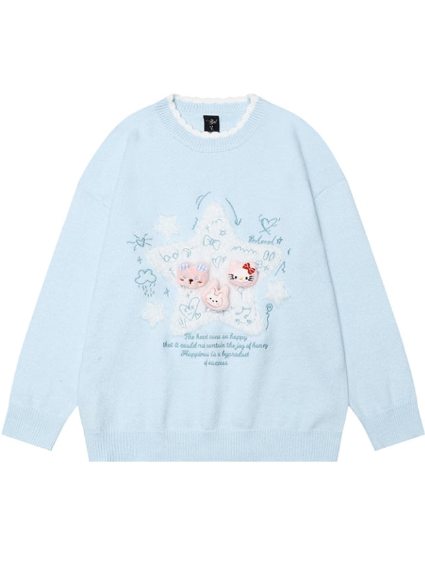 ライトブルー/ライトイエローの星のアップリケがキュートな猫ちゃんをあしらったゆったりセーター
