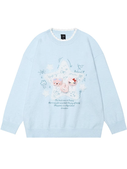 ライトブルー/ライトイエローの星のアップリケがキュートな猫ちゃんをあしらったゆったりセーター
