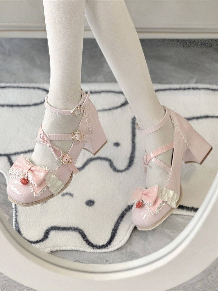Toe Mid-heel Mary Bow Details Berry Pink Trim Square Ruffle Janes Accent -