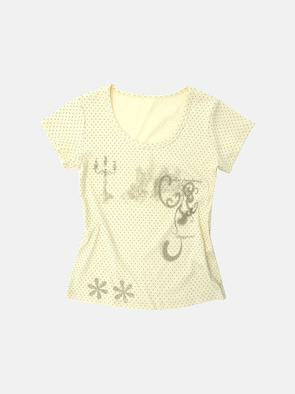 Yellow Polka Dot Candelabra Print Round Neck Tee - innomoood