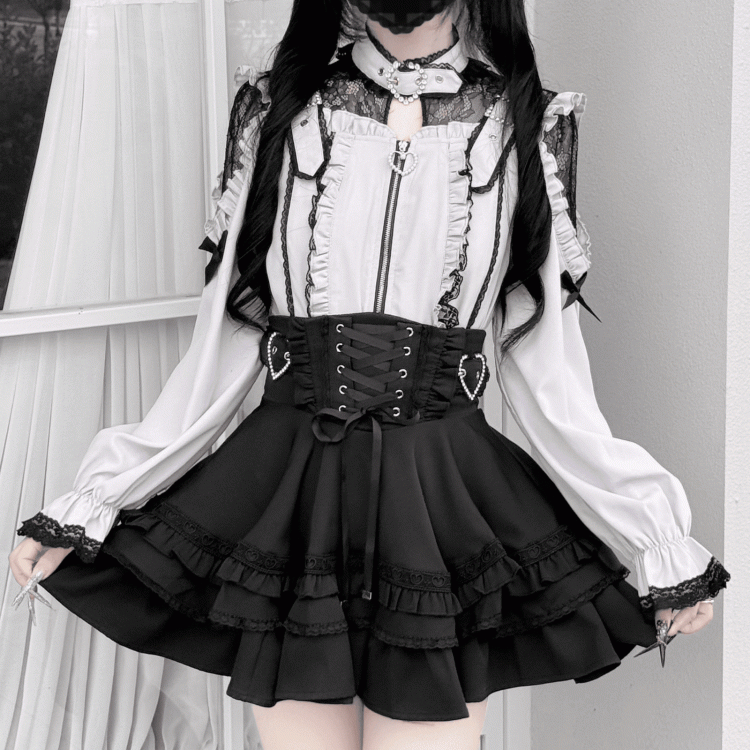 Illusion Buckle Neckline Jirai Kei Zipper Top in Pink & Black Lace with Shoulder Cutouts