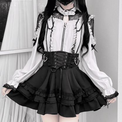 Illusion Buckle Neckline Jirai Kei Zipper Top in Pink & Black Lace with Shoulder Cutouts