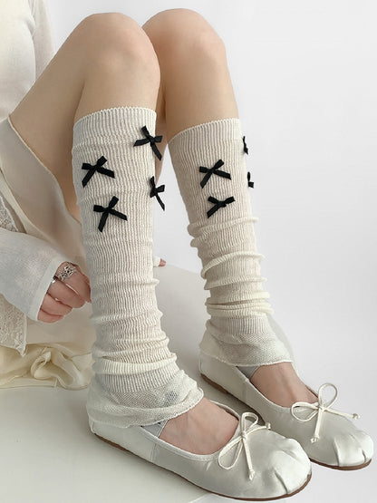 Details Leg Bowknot Gray/White Warmers Knitted