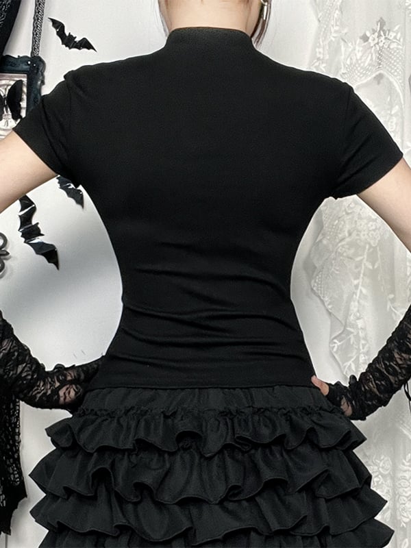 Cross Sleeve Black Cutout Halloween Charm with Top Short Tulle Applique Gothic Hexagon