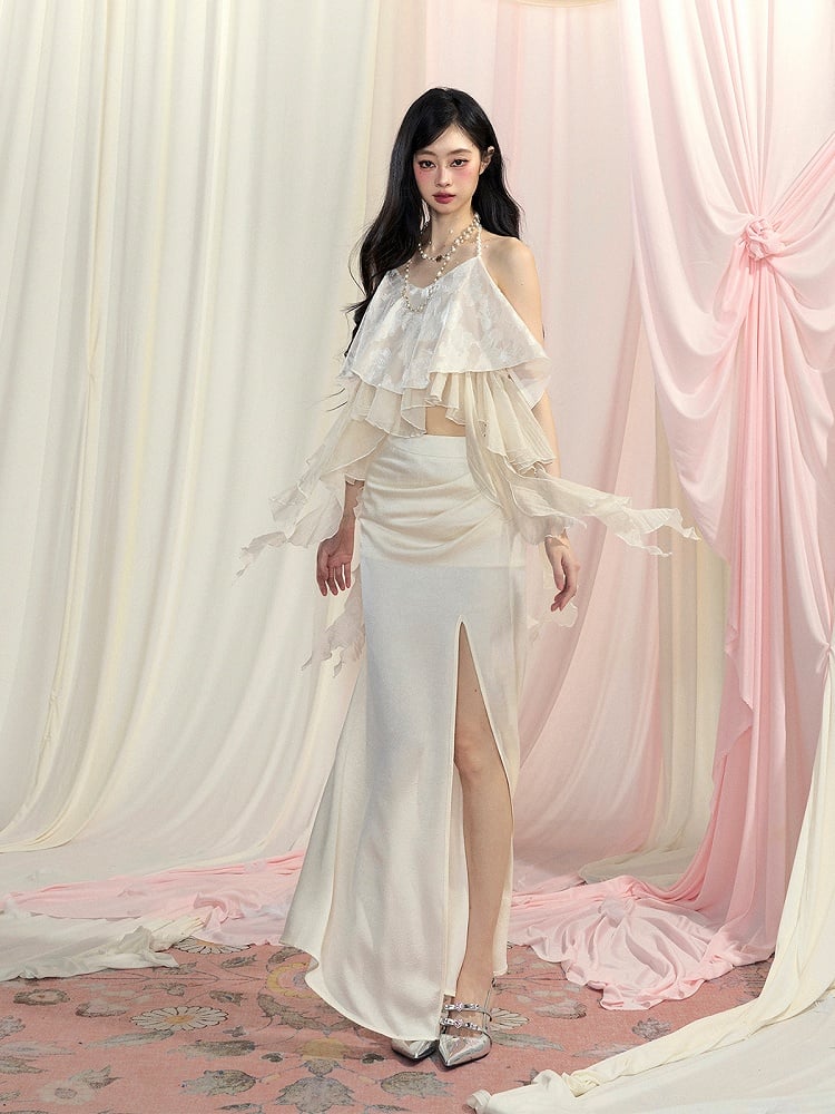 トップス/太もも丈スリットスカート アプリコット アシンメトリー フリル裾 ホルターネック シフォン