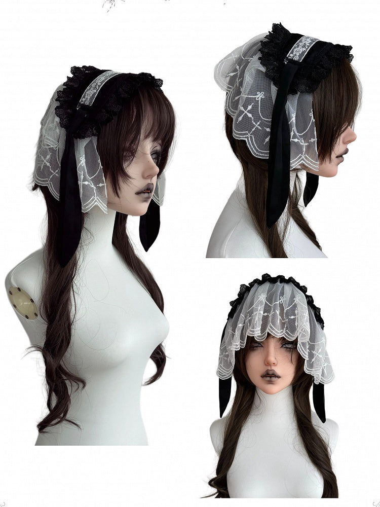 Black & White Lace Hairband with Bunny Ear and Veil - Damn Girl