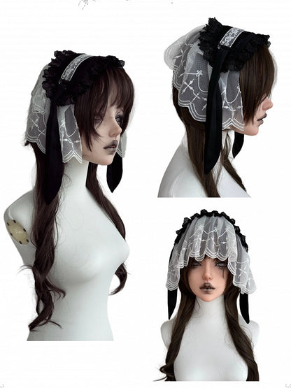 Black & White Lace Hairband with Bunny Ear and Veil - Damn Girl