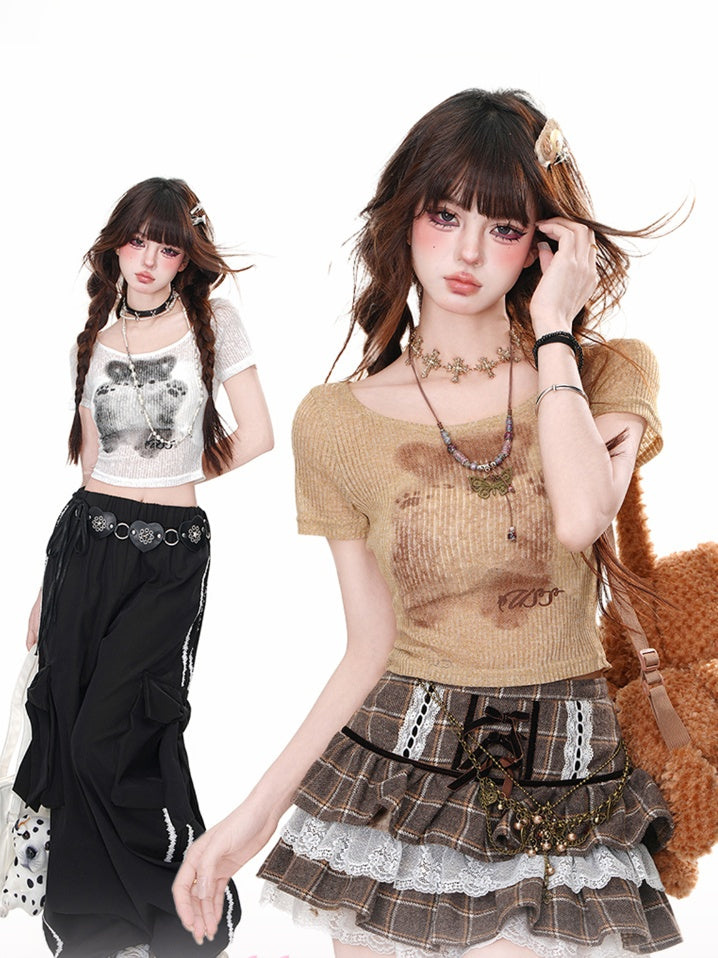 Adorable Puppy Print Glamorous Cropped T-Shirt Brown/White Semi-sheer