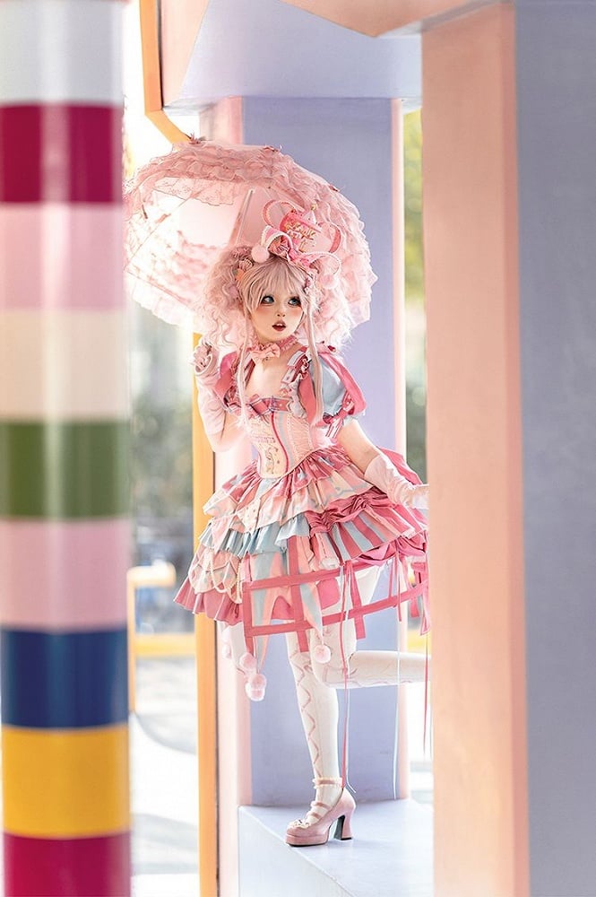 Bunny Dress Sweet Pink Detachable Jumper Circus Sleeves with Puff Skirt Embroidery Lolita