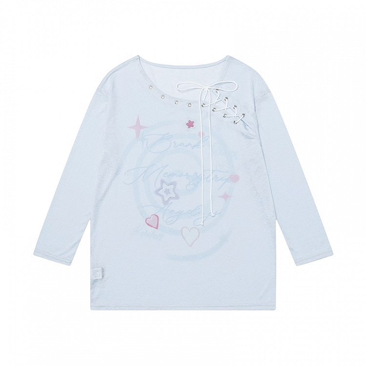 Print Blue/White Coverup Lace-up Neckline Star Semi-sheer