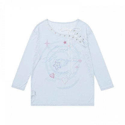 Print Blue/White Coverup Lace-up Neckline Star Semi-sheer